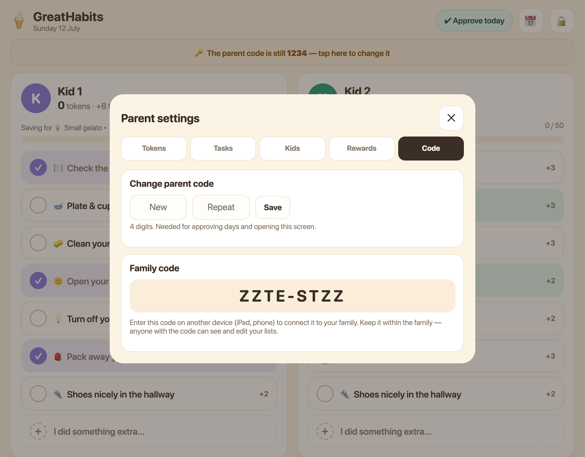 Code tab with parent code change and family code