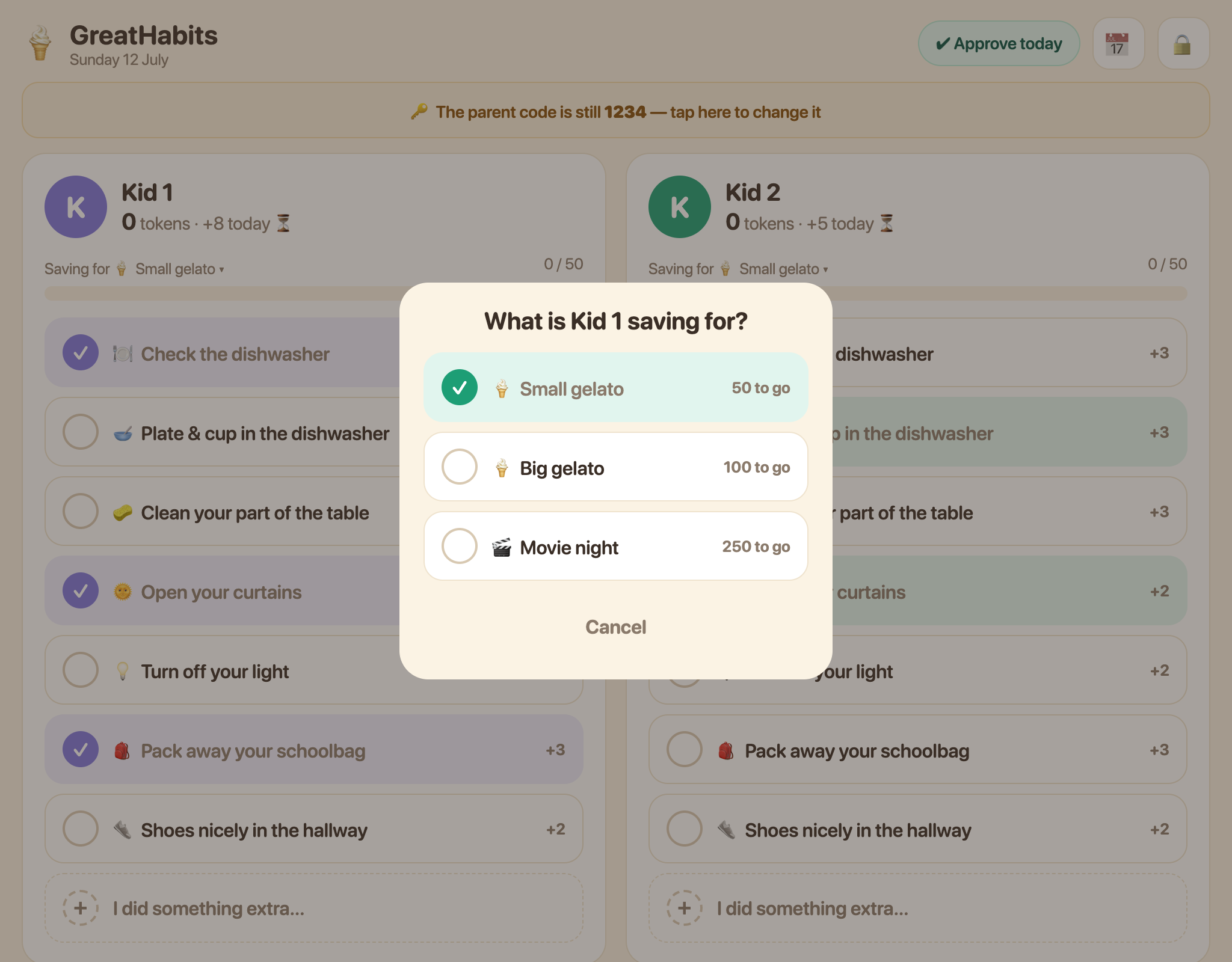Goal picker where a kid chooses what to save for
